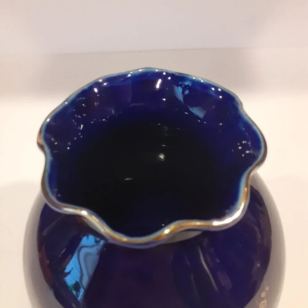 Asian Cobalt Blue Floral Vase Decorative 6.25
